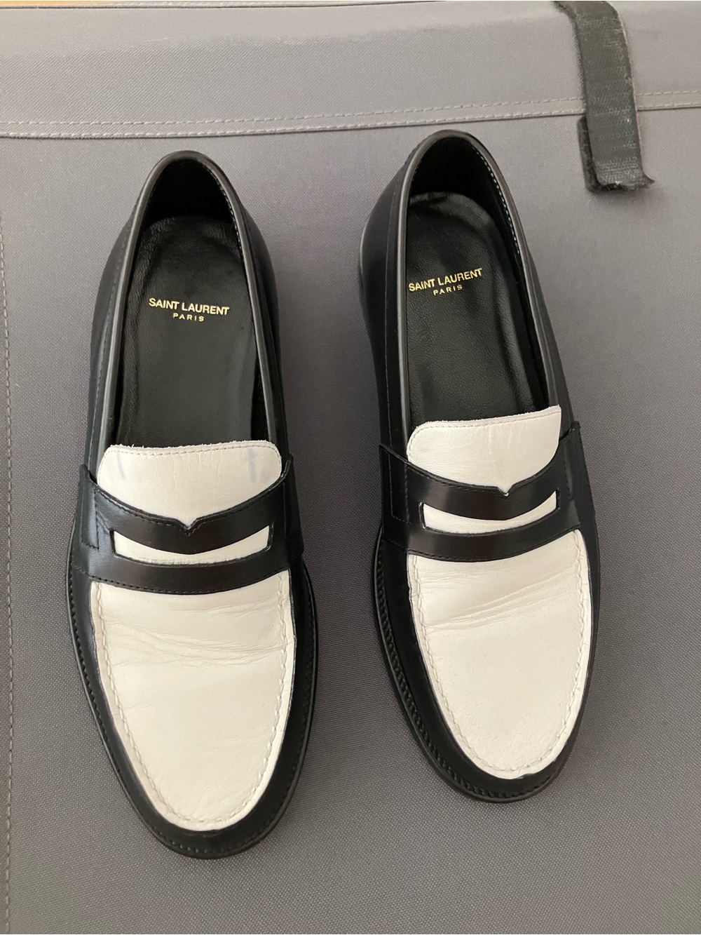 Saint Laurent Black and White Leather Penny Loafers
